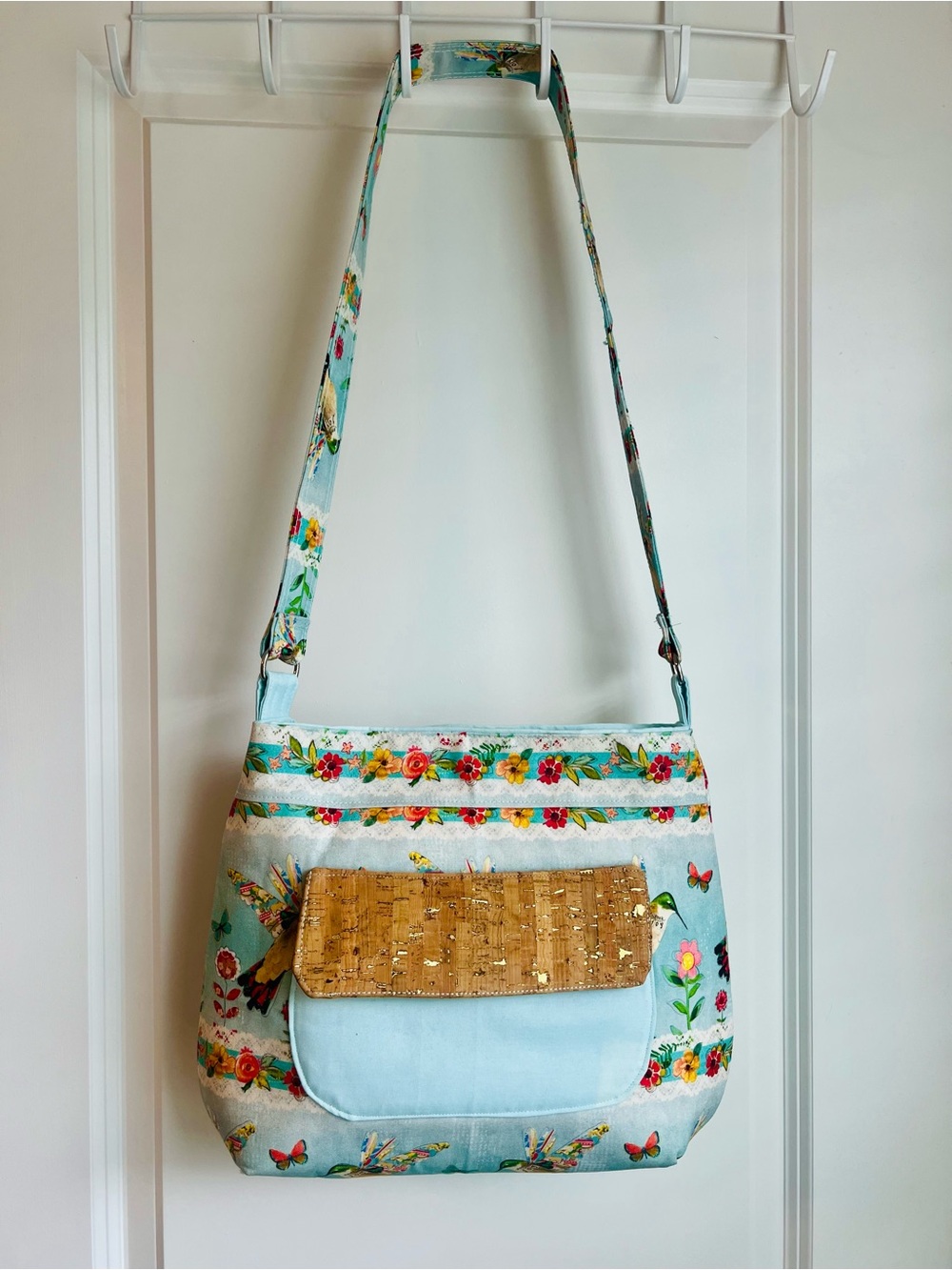 New Handmade Artisan Floral Print Crossbody Bag with Cork Accent - Hummingbird